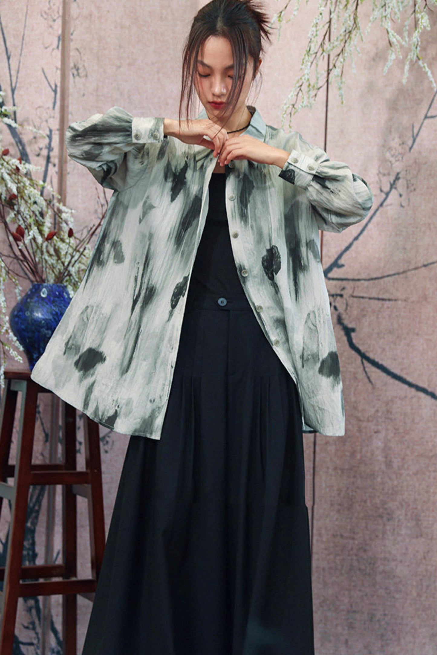 Gray Gradient Print Blouse + Easy Pants