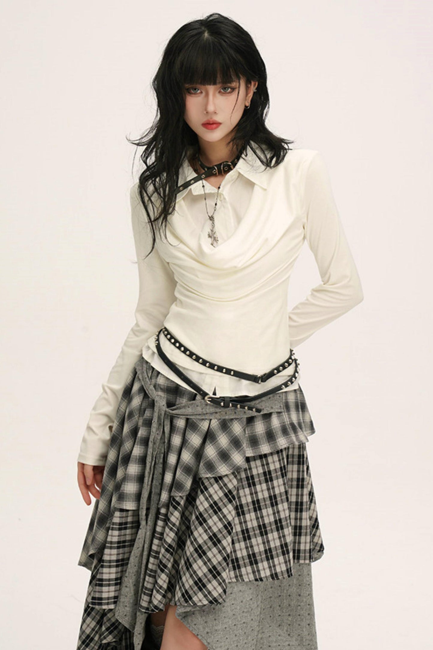 ドレープカウルネックレイヤードシャツ