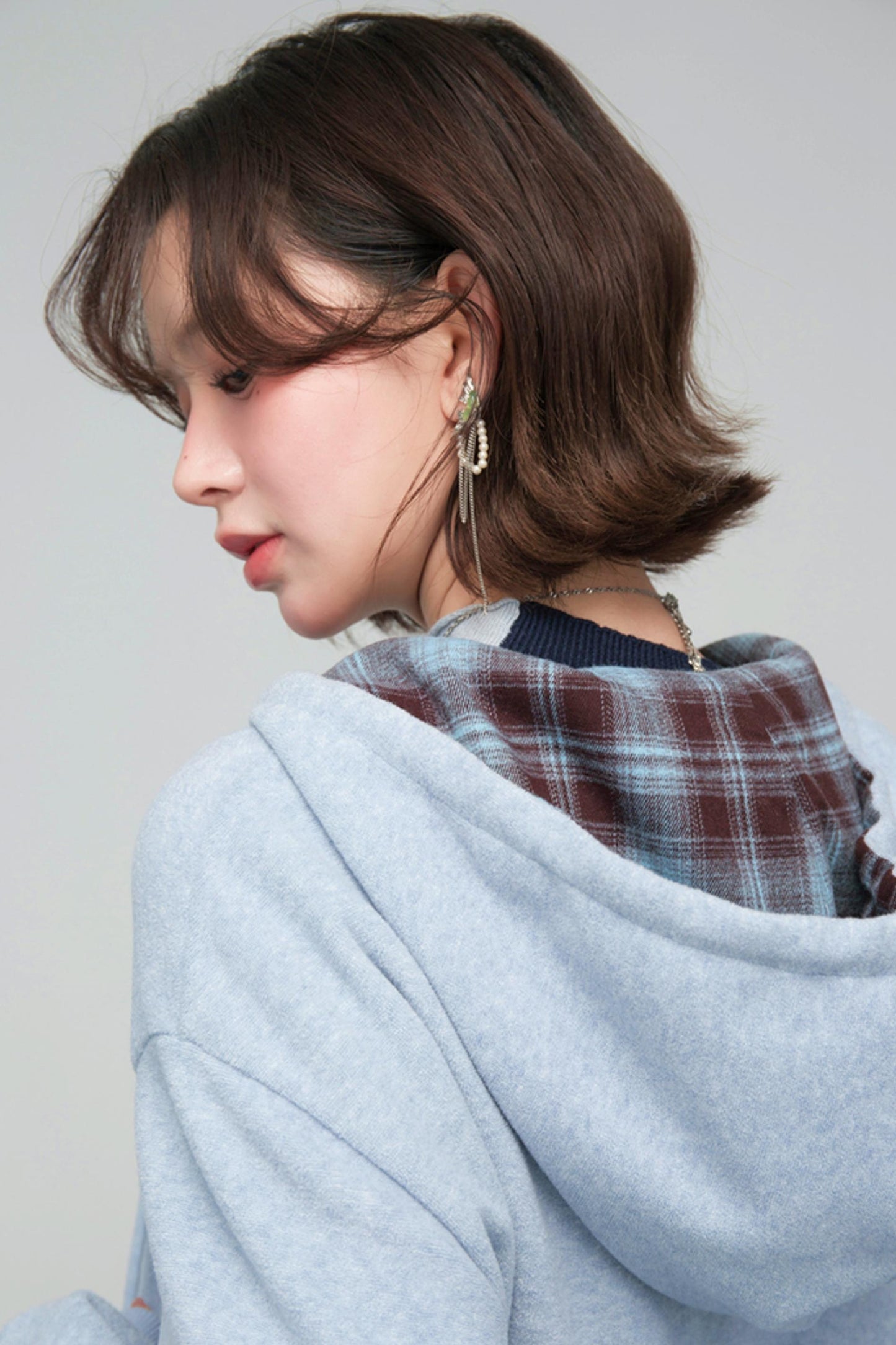 パッチワークプラッドフーデッドジャケットセットアップ