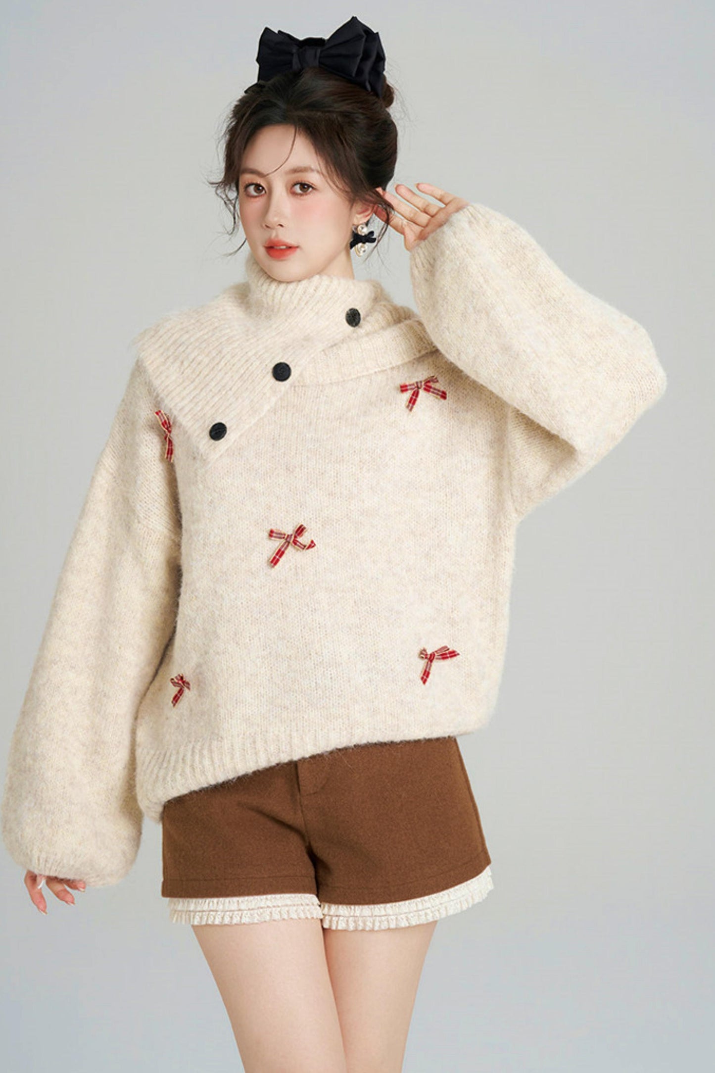 リボンフレンチニットセーター+ショートパンツ