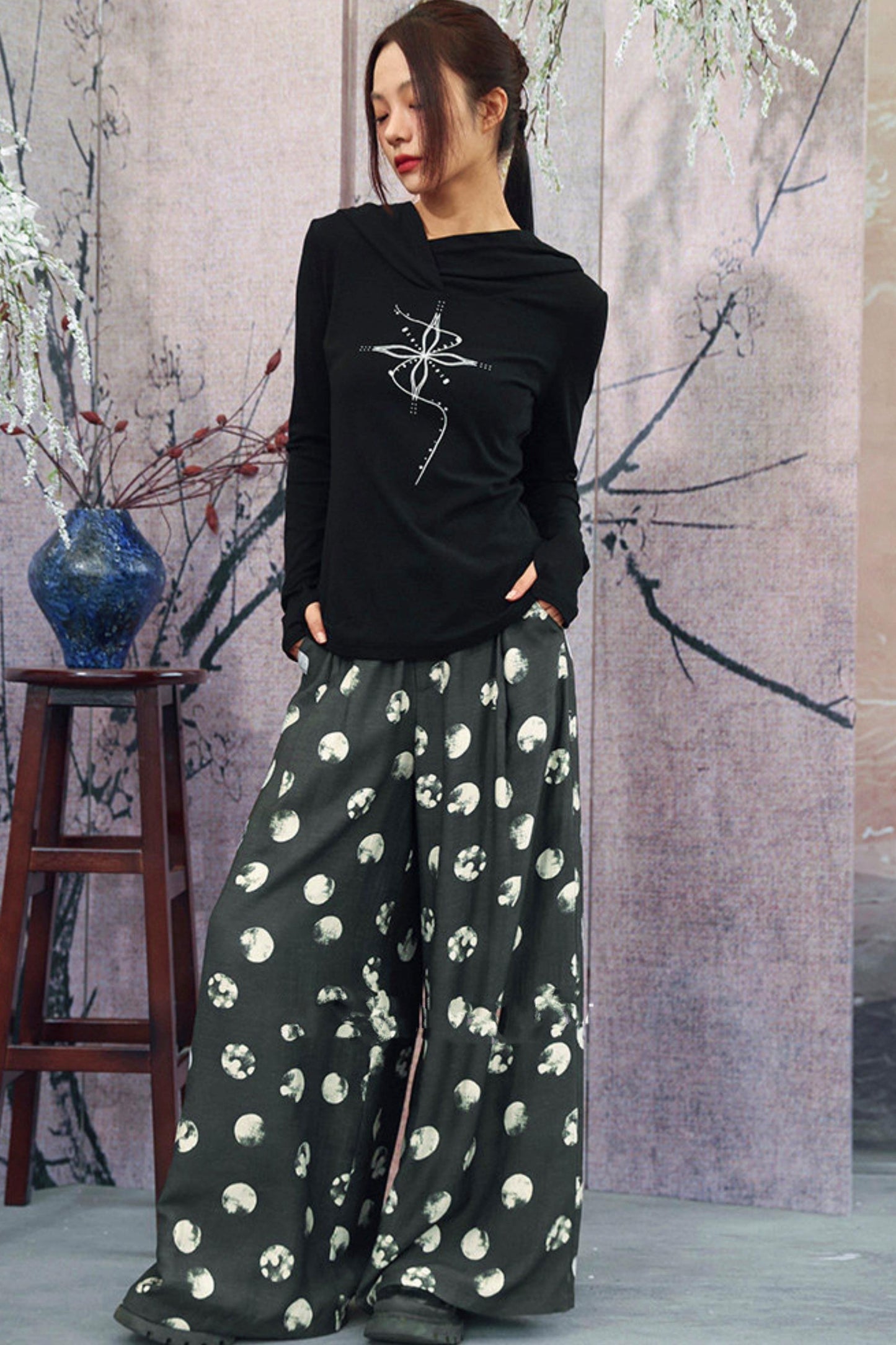 ポルカドットワイドレッグパンツ