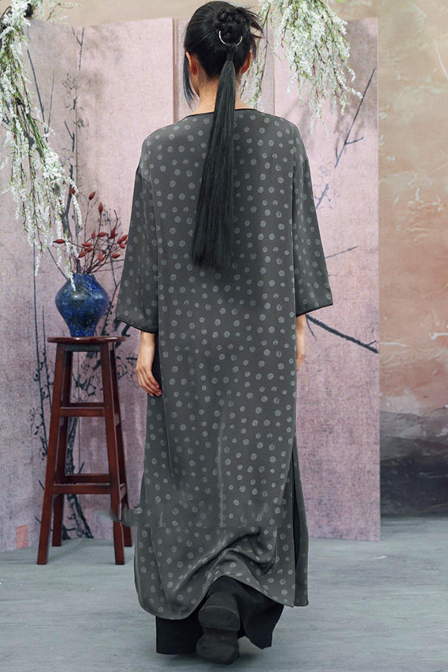 Dot Print Chinese Slit Long Dress