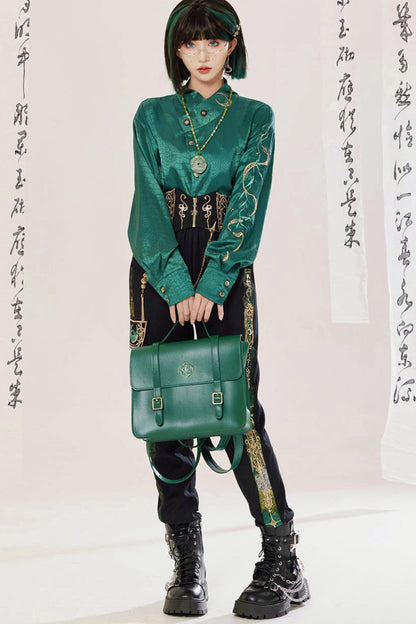 Jade Moon Dragon Embroidered Chinese Shirt + Moon Pocket Pants