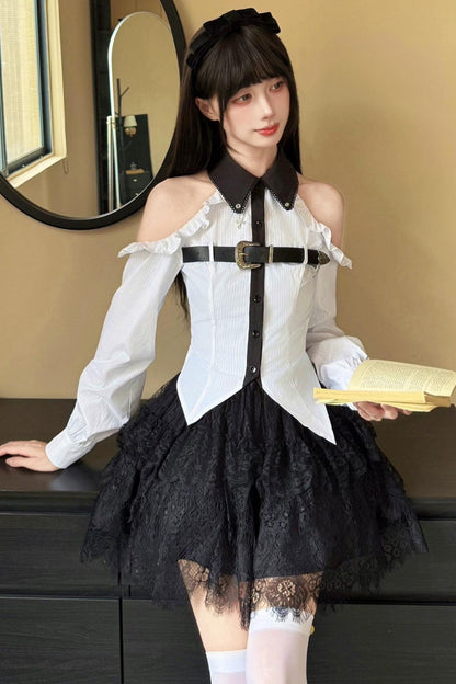 Dunkelgotische schulterfreie Bluse + Rock
