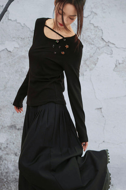 クリスタルボタンベルベットニットトップス