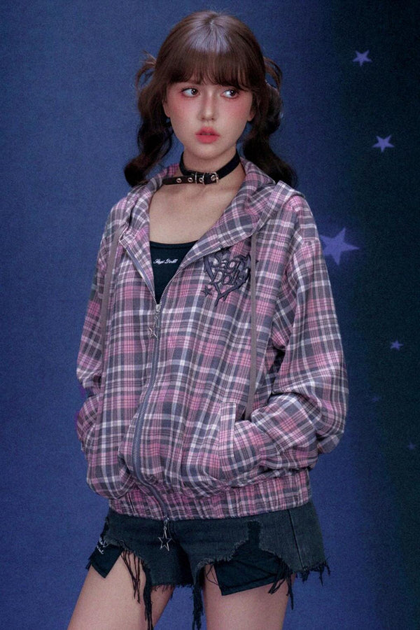 ピンクプラッドフーデッドジャケット