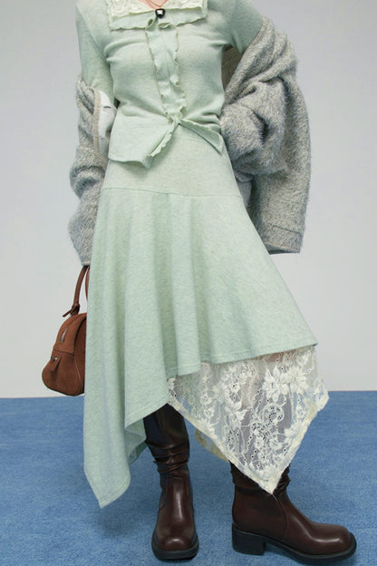 レースカラーニットトップス+アシメスカート