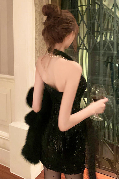 French mode tight dress + fur coat