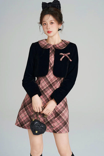French Retro Plaid Doll Collar Dress