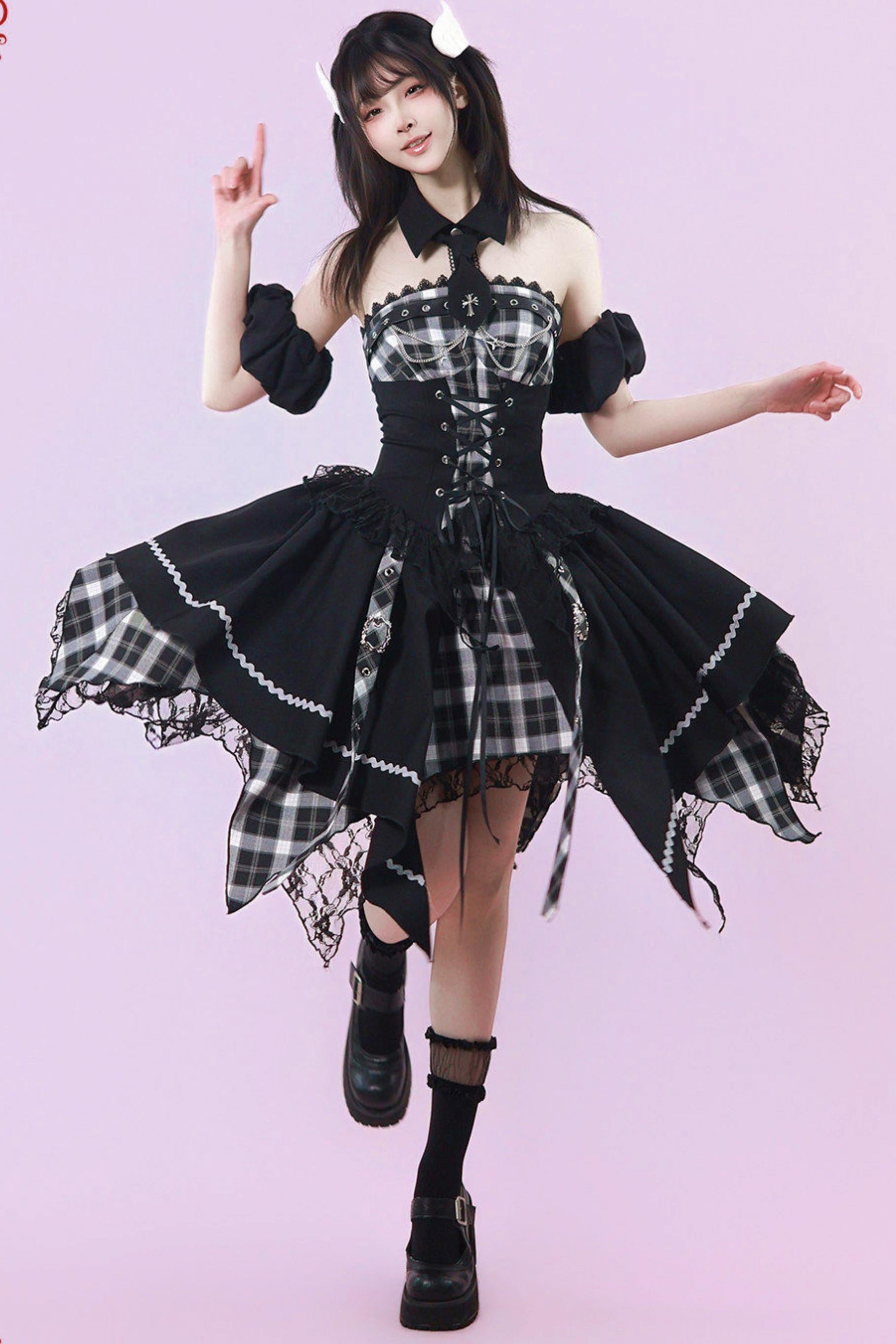 サブカルパンクゴシックチェックドレス – Belchic