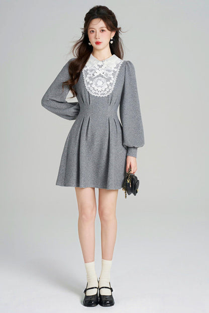 Lace Neck Design Waist Marked Dress