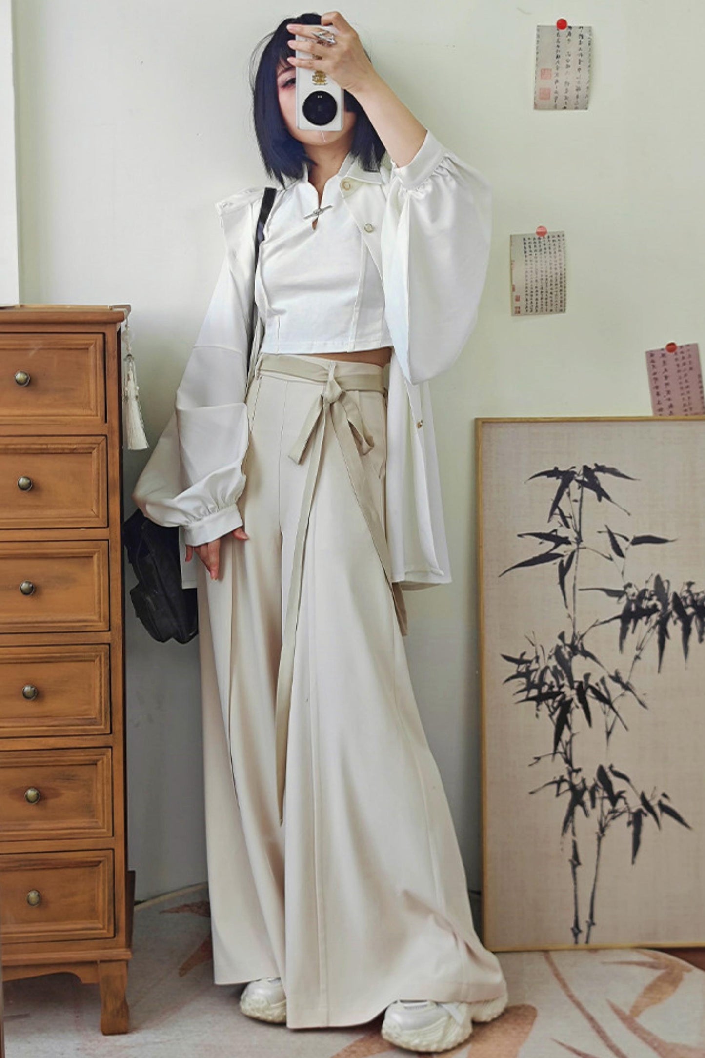 [Pre-order] Black/Beige/Gray Cyber Chinese-Style Wide-Leg Pants