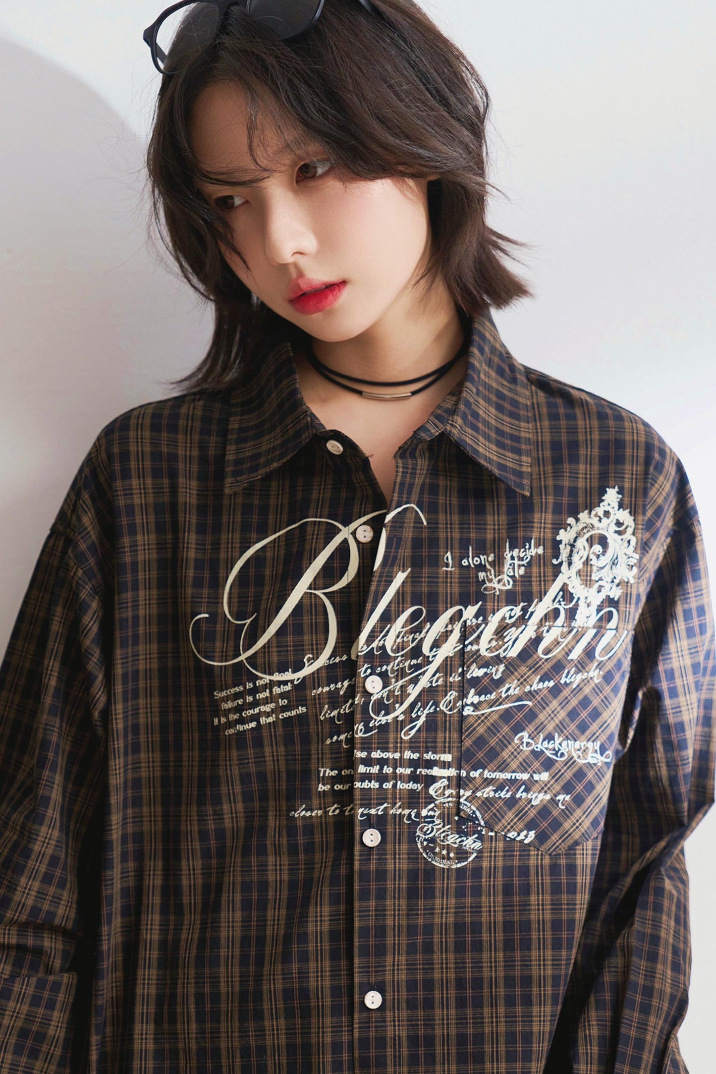 Oversized letter-print check shirt