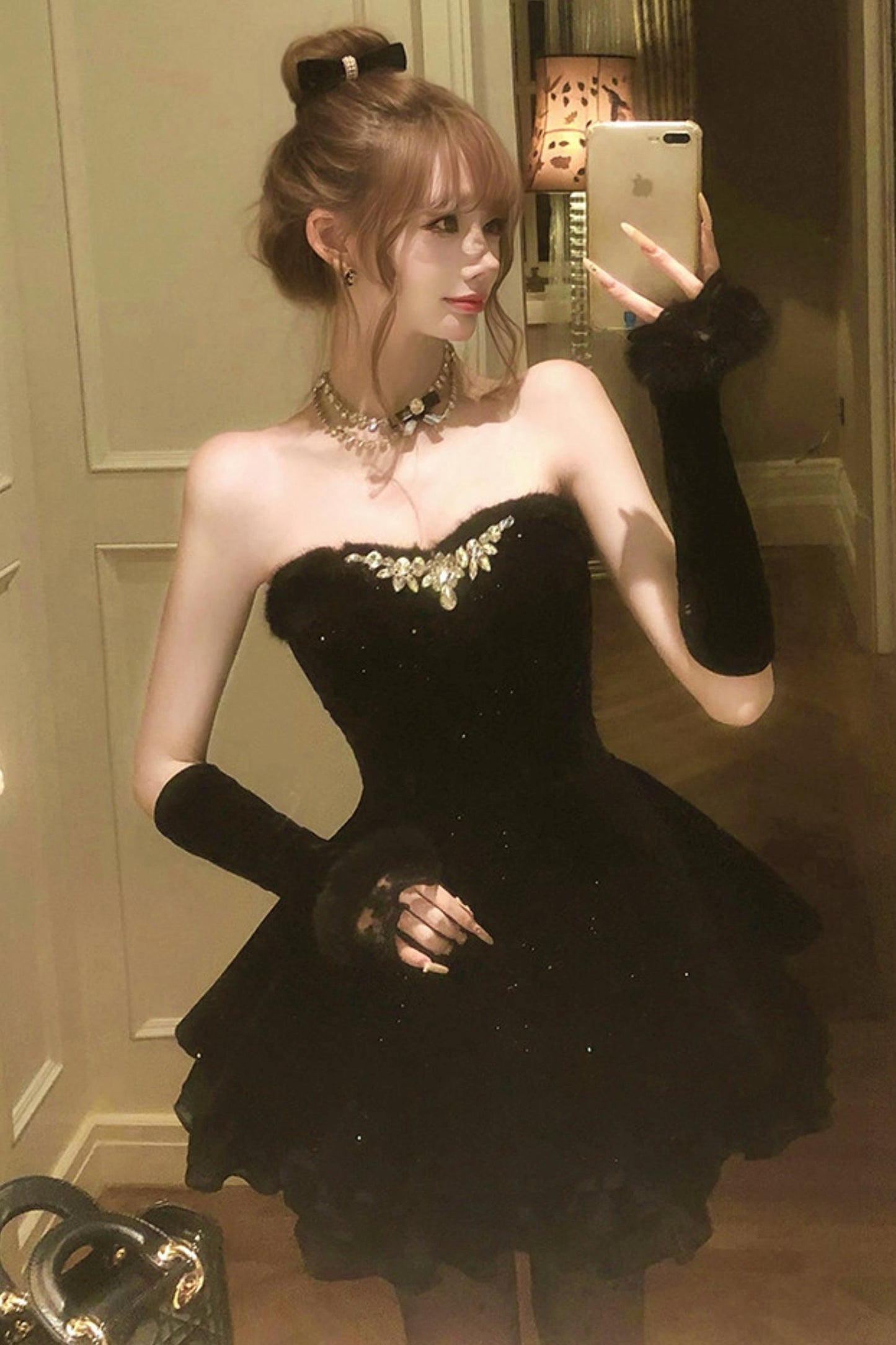 French off-the-shoulder dress + shawl + sleeves