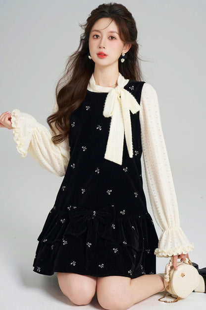 French Sweet Käbel Velvet Dress + Ribbon Neck Blouse