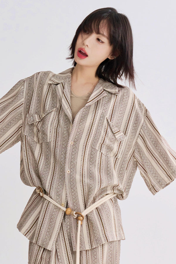 レトロプリントショートスリーブシャツセットアップ