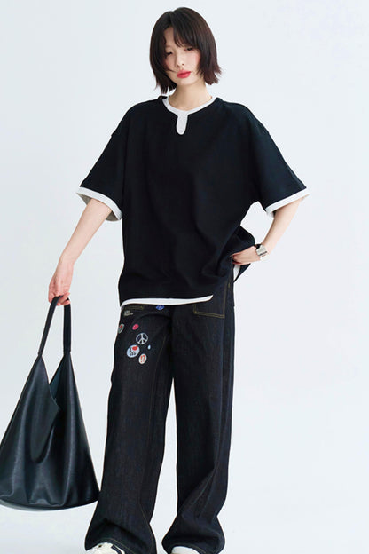 Loose contrast crew neck layered top