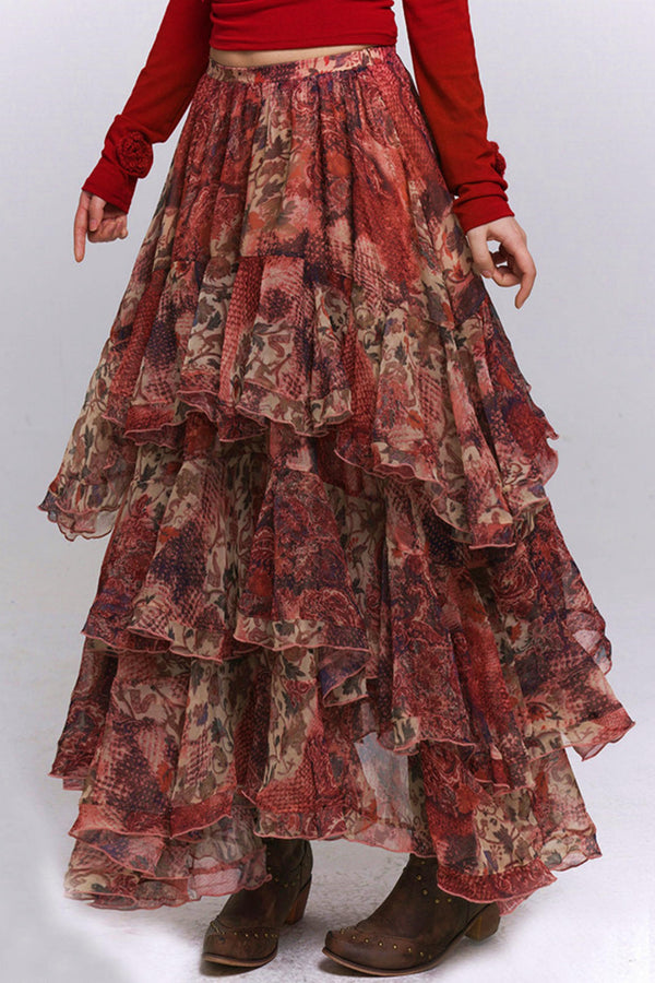 Red Floral Tiered Skirt