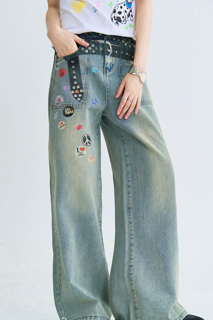 Retro Print Straight Leg Denim Pants