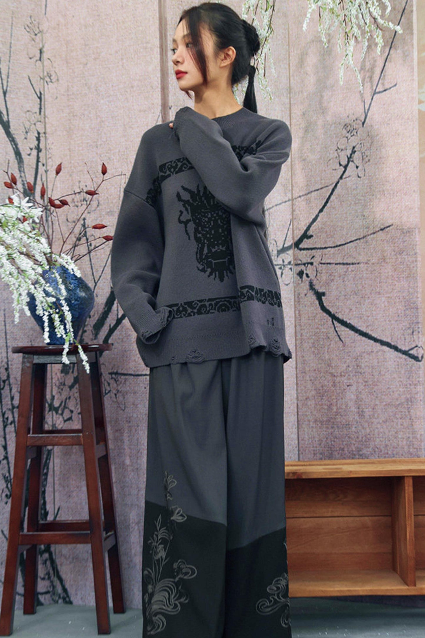 Gray x Black Embroidered High-Waist Wide-Leg Pants