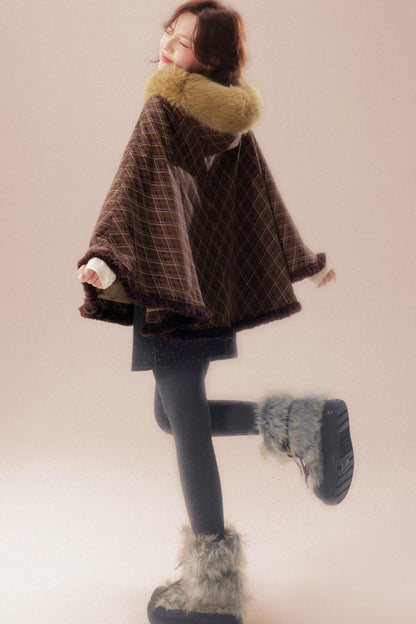 チェックファーカラーフーデッドケープ