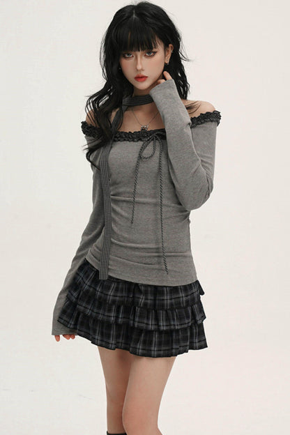 オフショルダーフリルリボントップス（スキニーロングスカーフ付き）