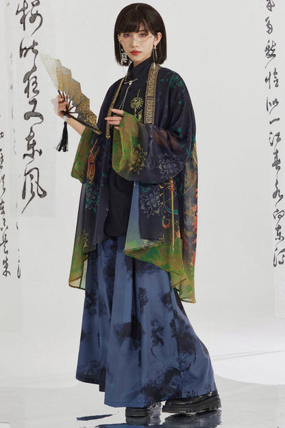 Black and Gold Oriental Ribbon Shirt + Chinese Wide-Leg Pants