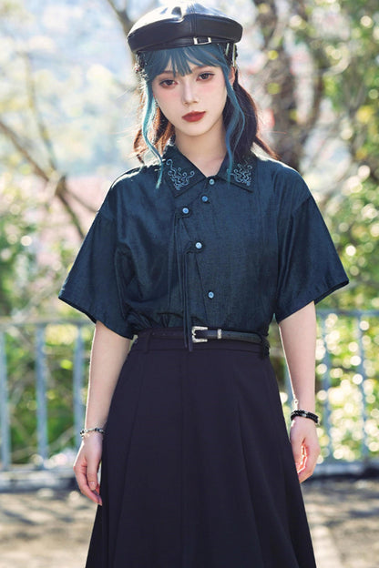Embroidered Color Asymmetrical Chinese-Style Shirt