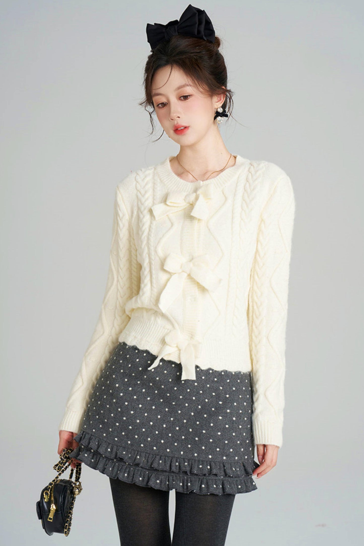 リボンケーブルニットカーディガン