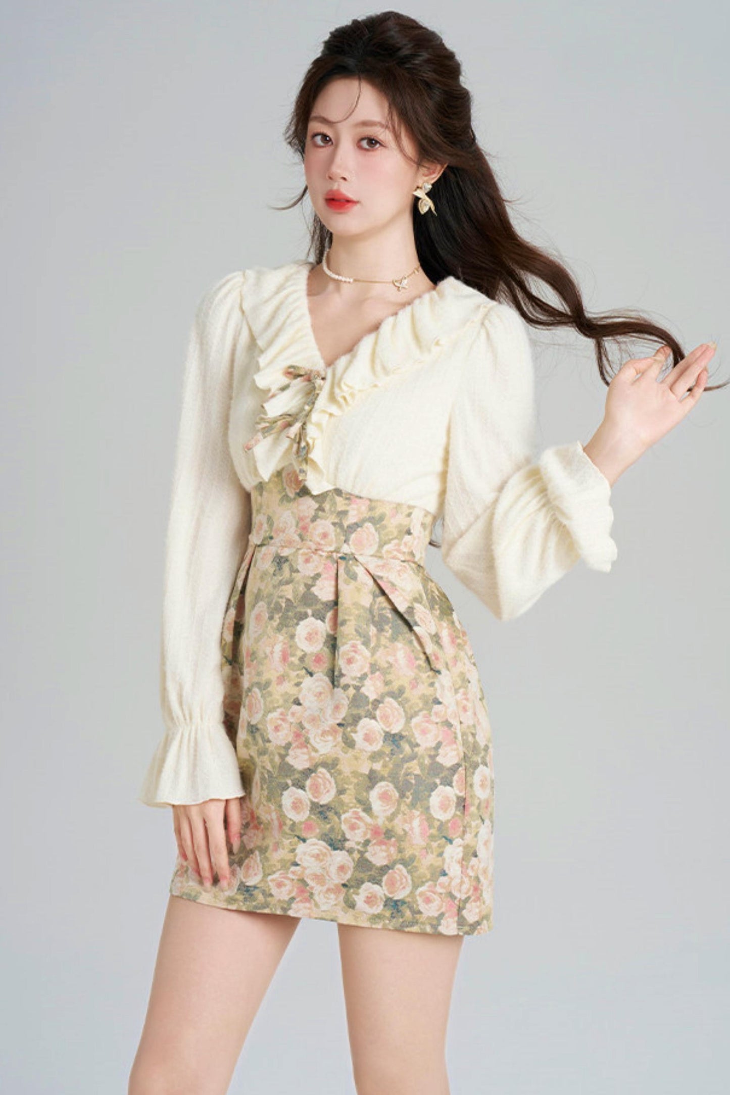 Ruffled Jacquard Floral Dress