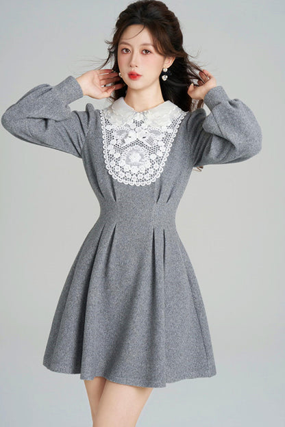 Lace Neck Design Waist Marked Dress