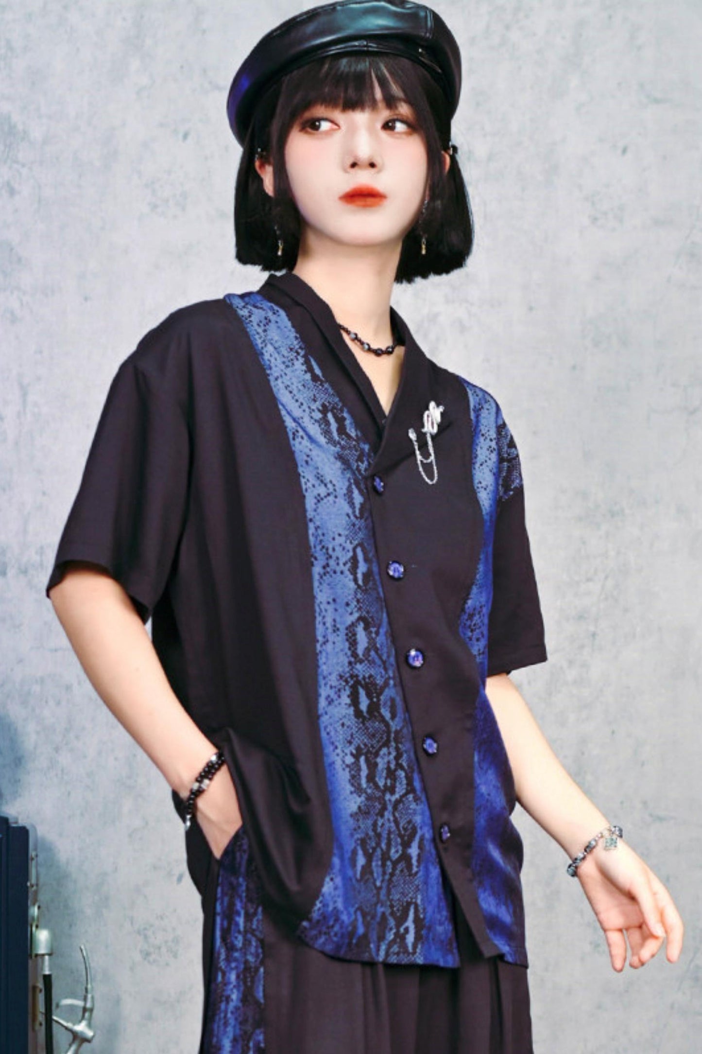 Asymmetrical Collar Snake Print Shirt (with Snake Motif Brooch)