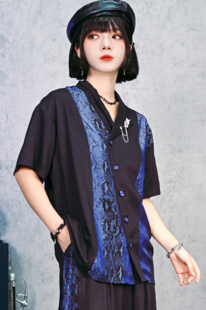 Asymmetrical Collar Snake Print Shirt (with Snake Motif Brooch)