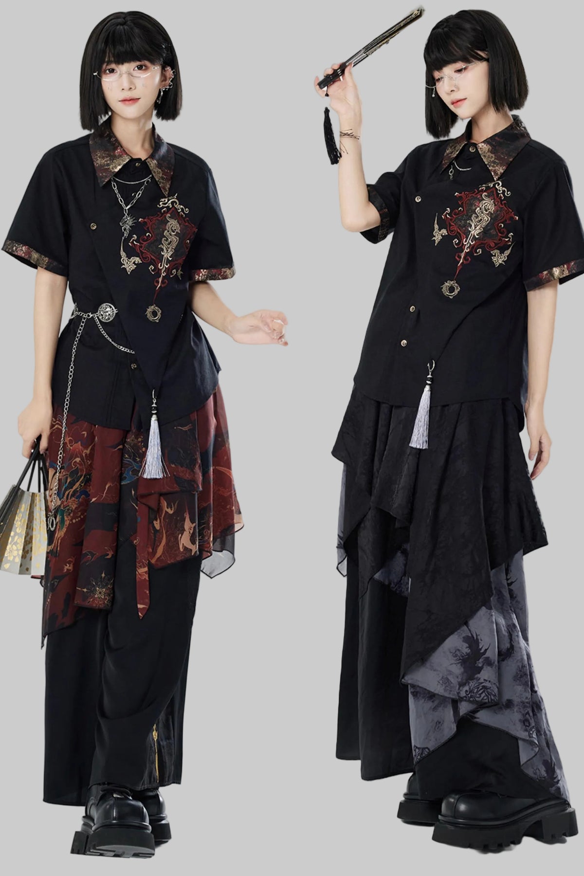 Embroidered Cotton Linen Patchwork Shirt+Pants