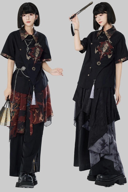 Embroidered Cotton Linen Patchwork Shirt+Pants