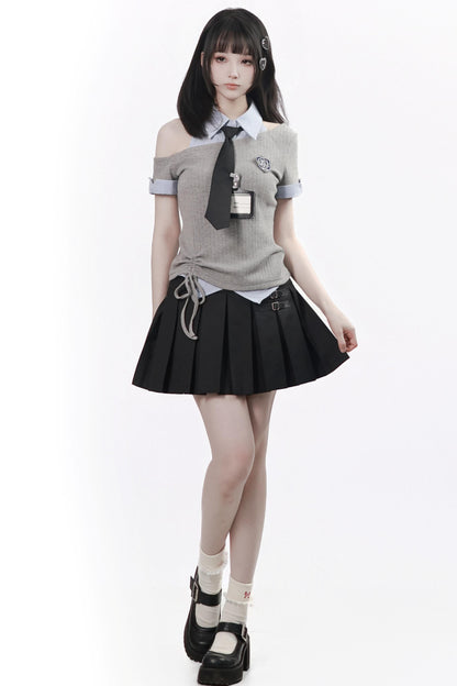 Asymmetrical School Uniform Set with Tie