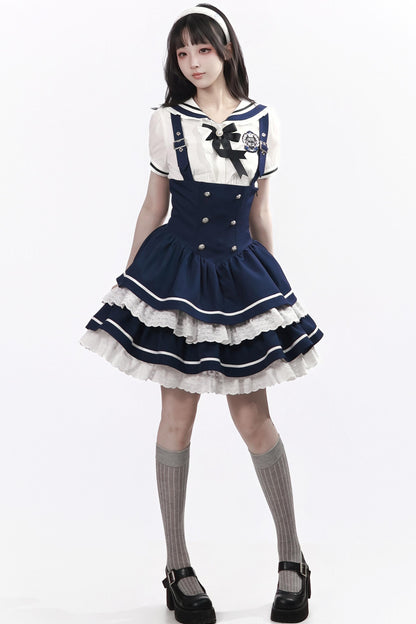 レースボウタイサスペンダードレス+スカート+シャツ