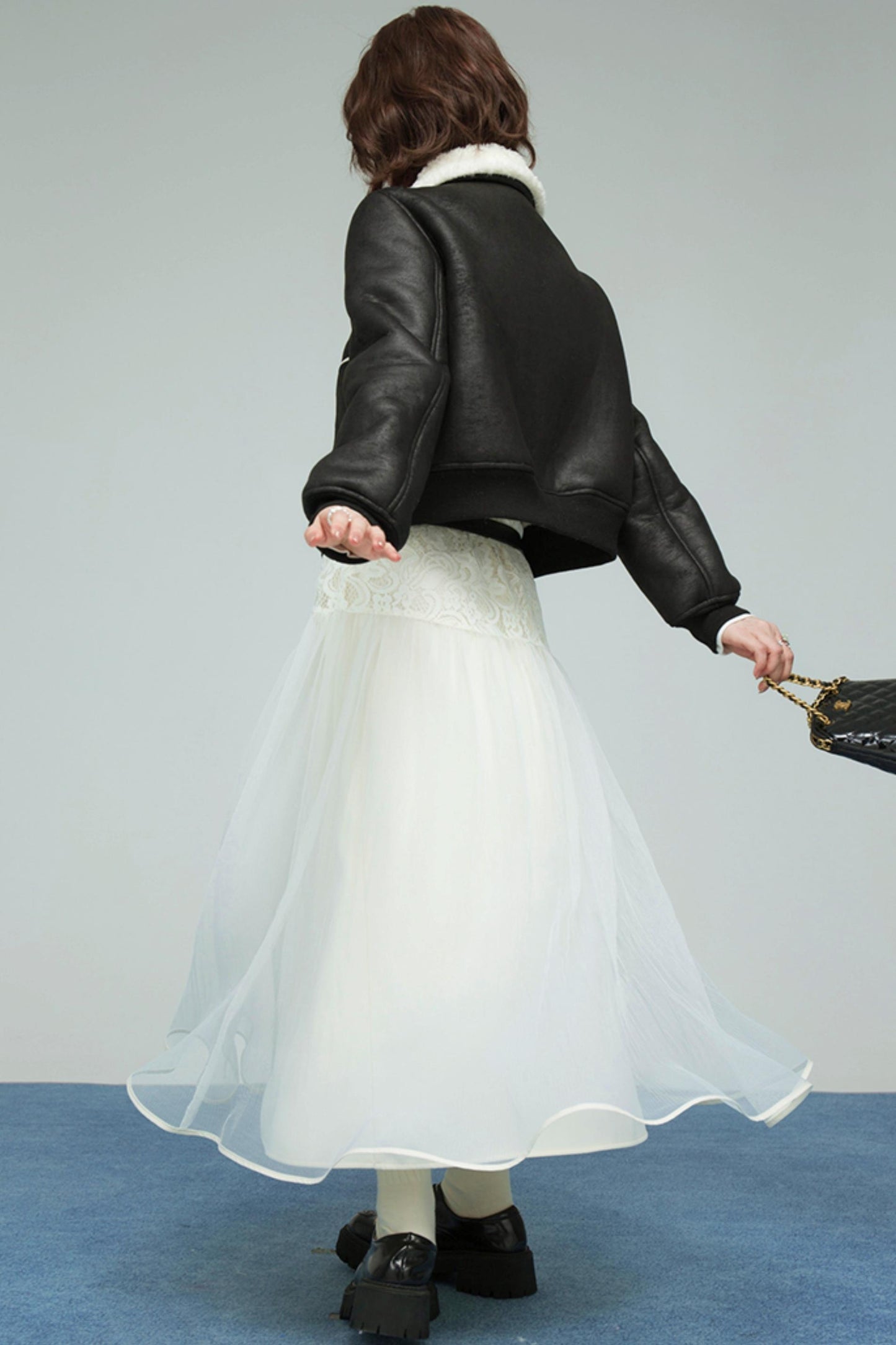 カラーブロックドシアリングコート