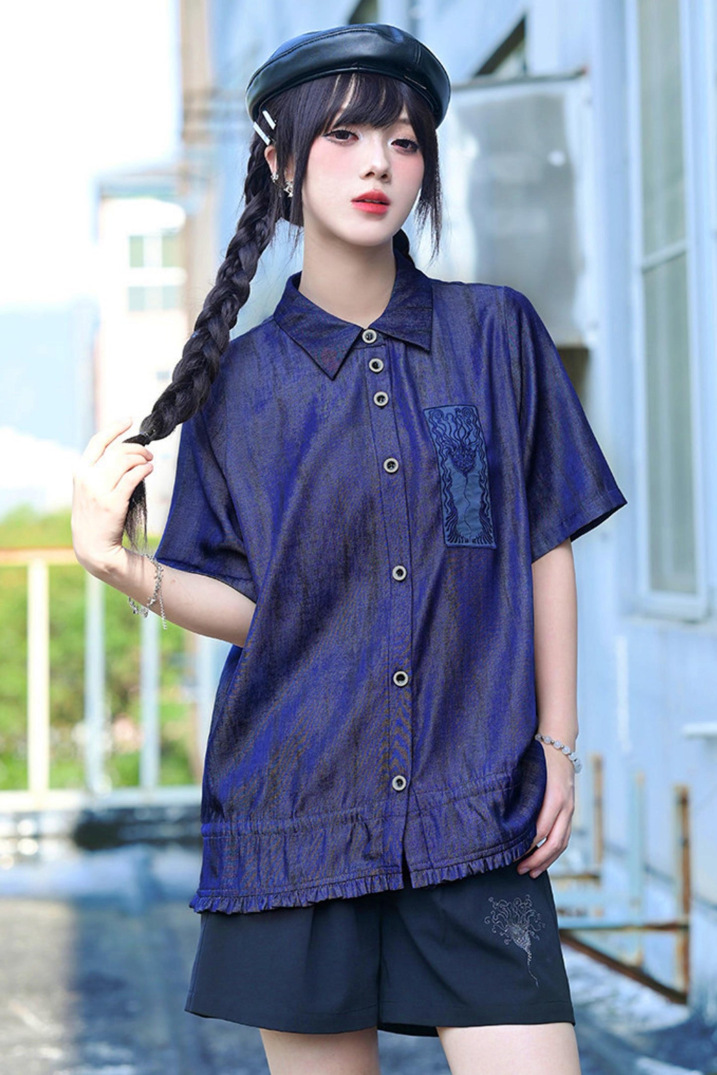 Night Blue Embroidered Subculture Shirt