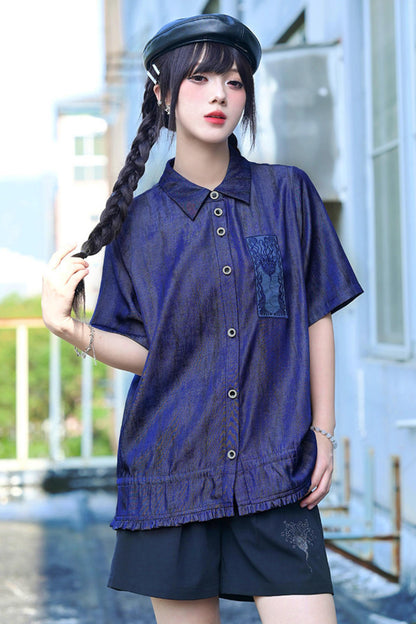 Night Blue Embroidered Subculture Shirt