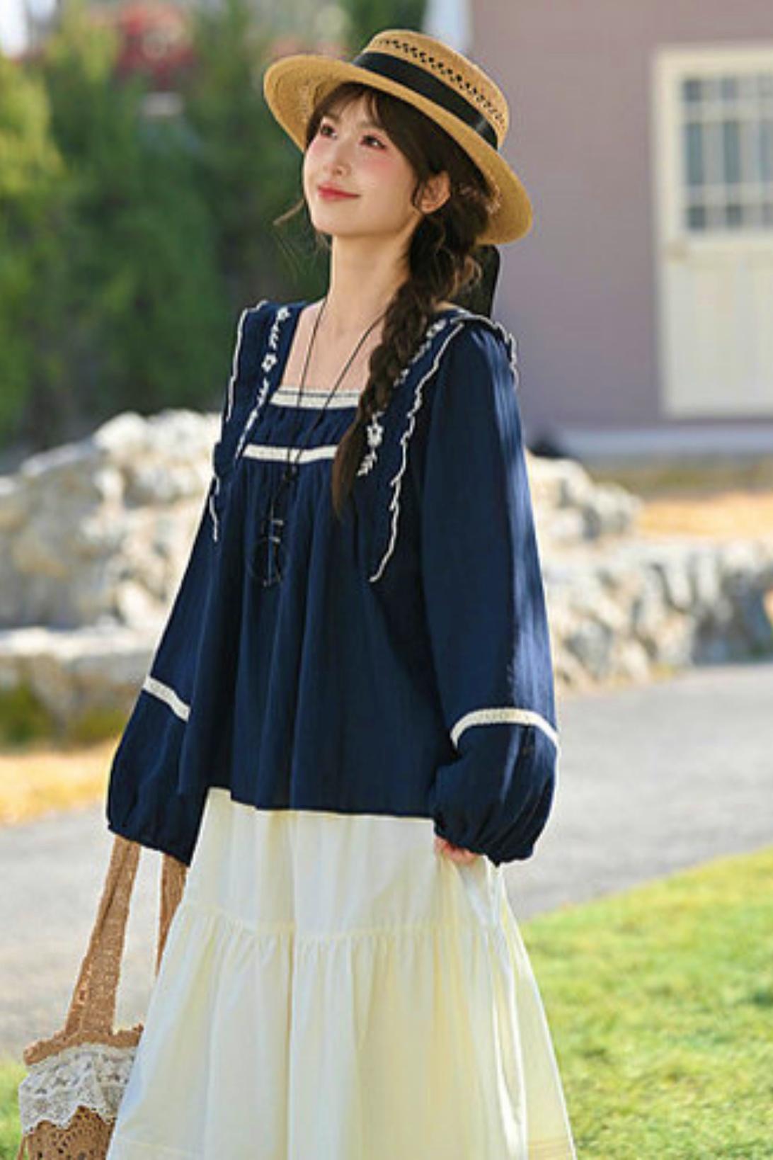 Lace Embroidered Square Collar Blouse