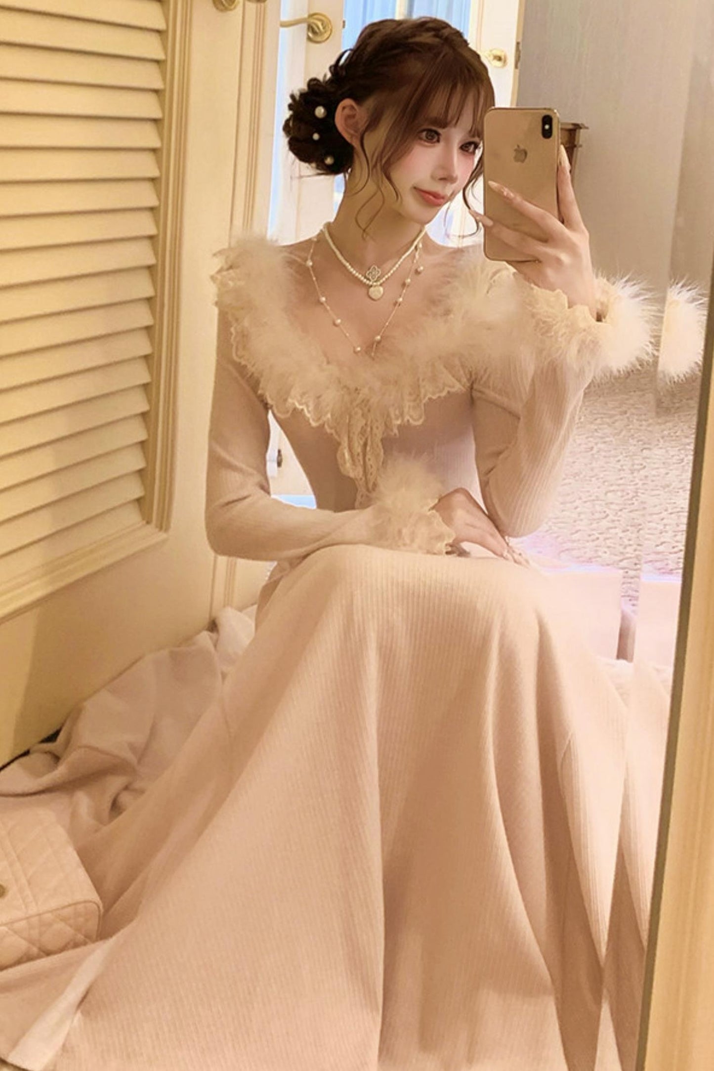 Lace Trimmed Feather Knit Dress