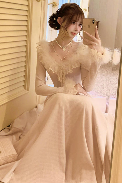 Lace Trimmed Feather Knit Dress