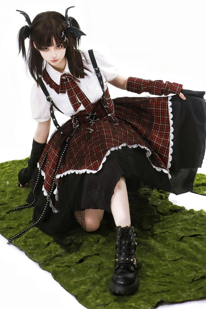 Gothic-Schulidol-Lolita-Trägerrock + Hemd + Ärmel