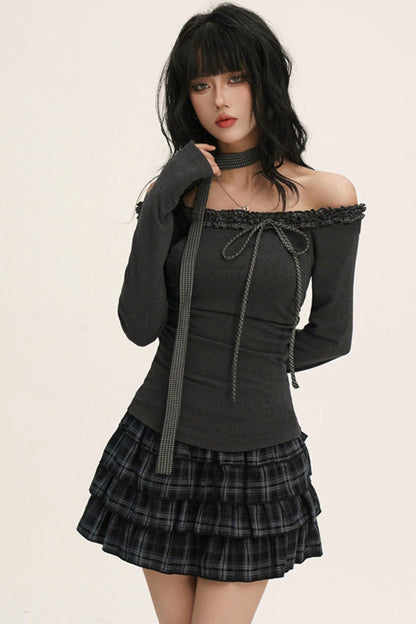 オフショルダーフリルリボントップス（スキニーロングスカーフ付き）