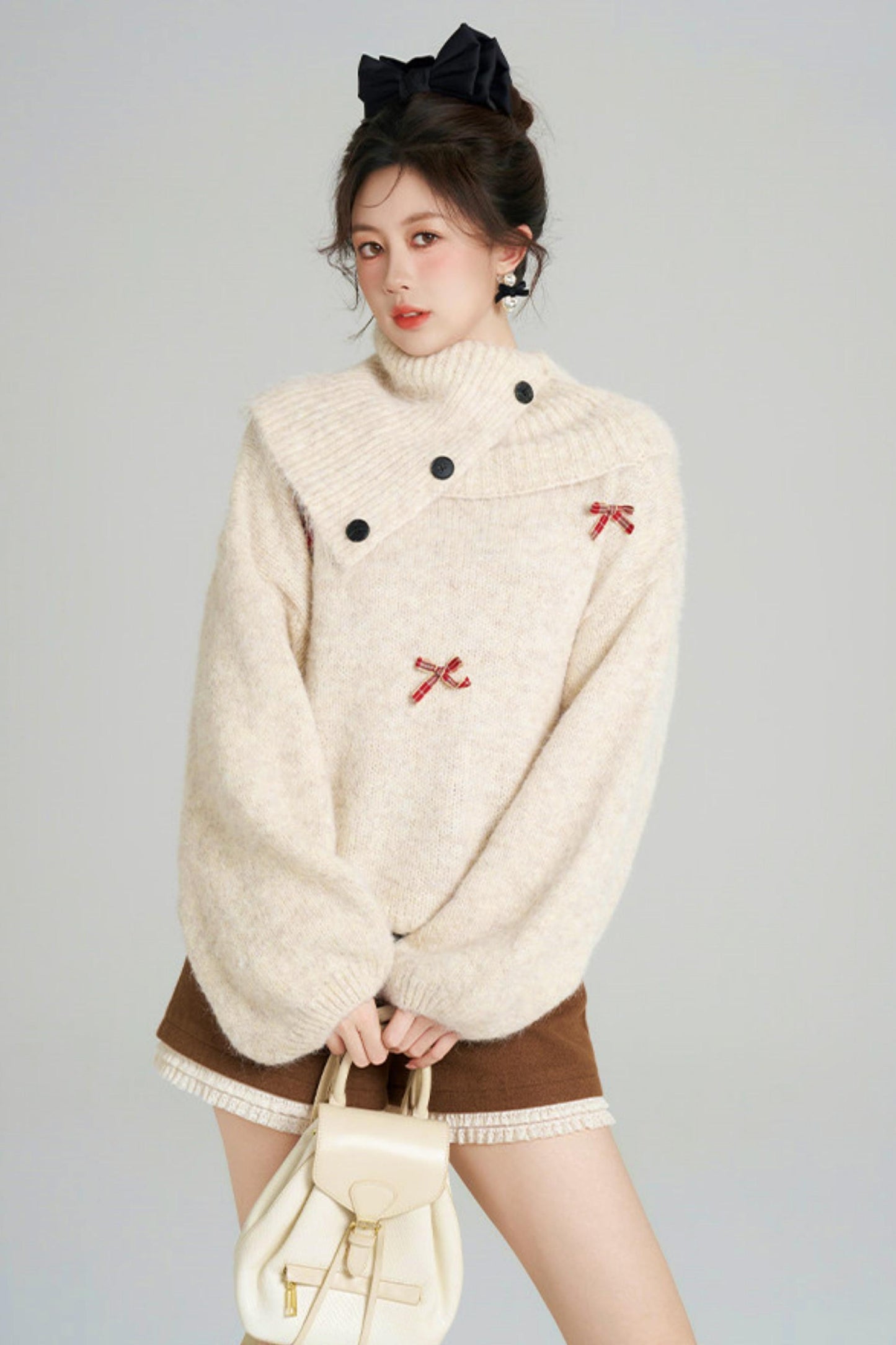 リボンフレンチニットセーター+ショートパンツ