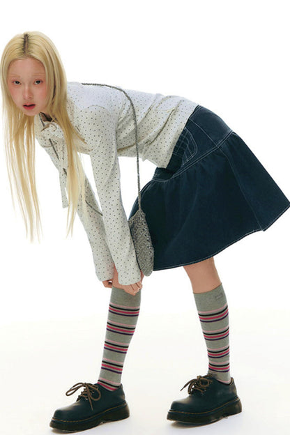 Pleated Denim A-Line Skirt