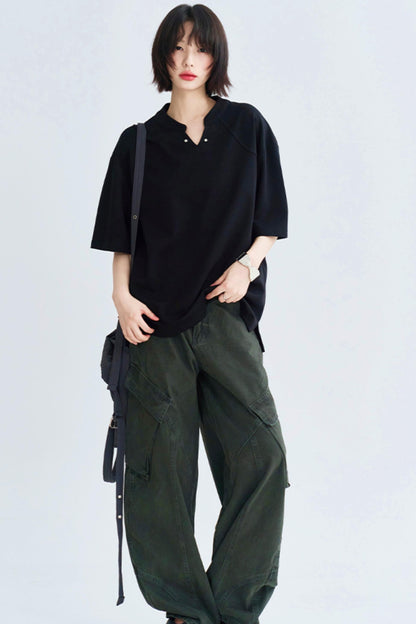 Solid Buoy Neck Loose Casual Tops