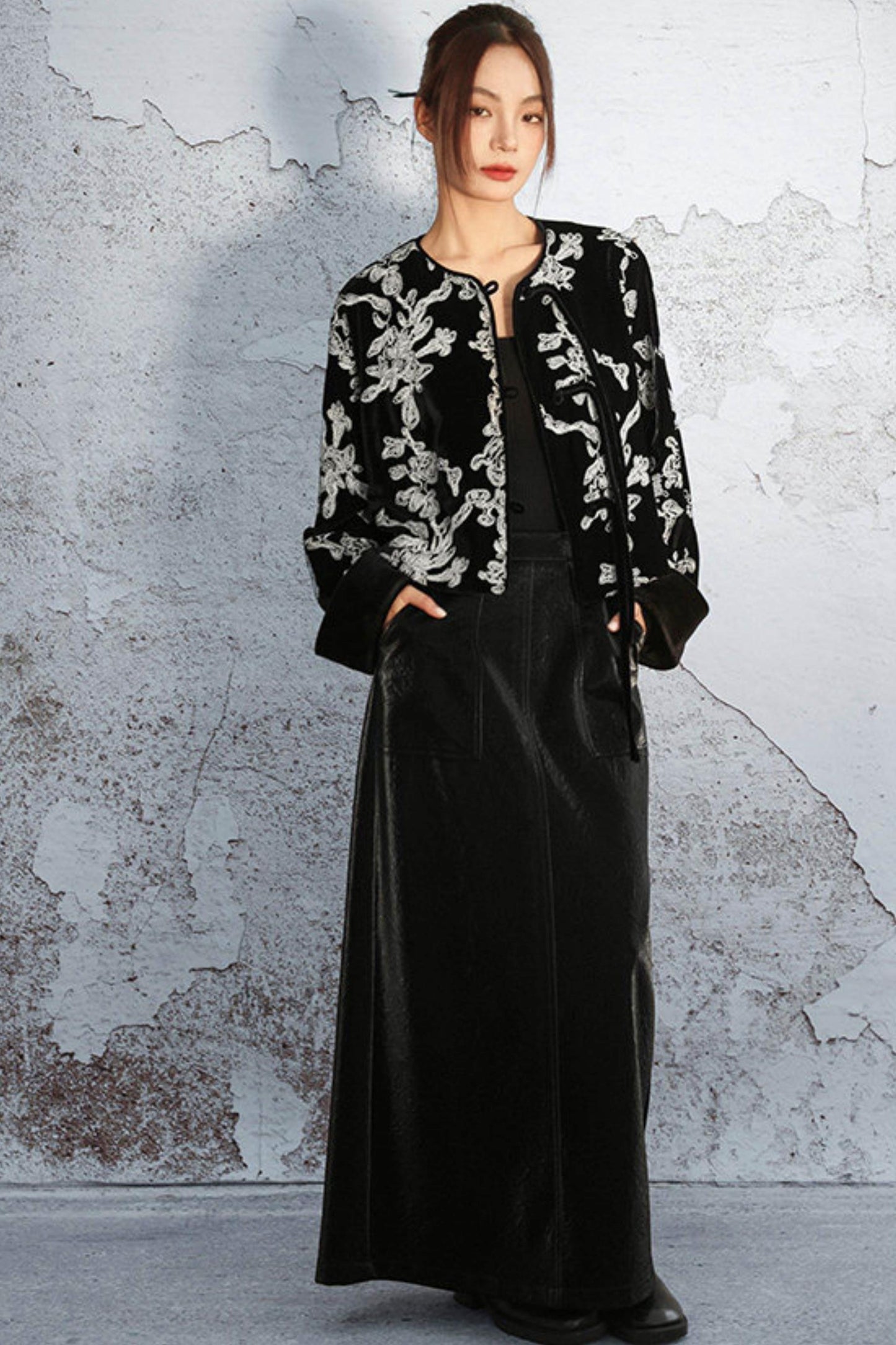 ベルベットカラーブロックタッセルジャケット