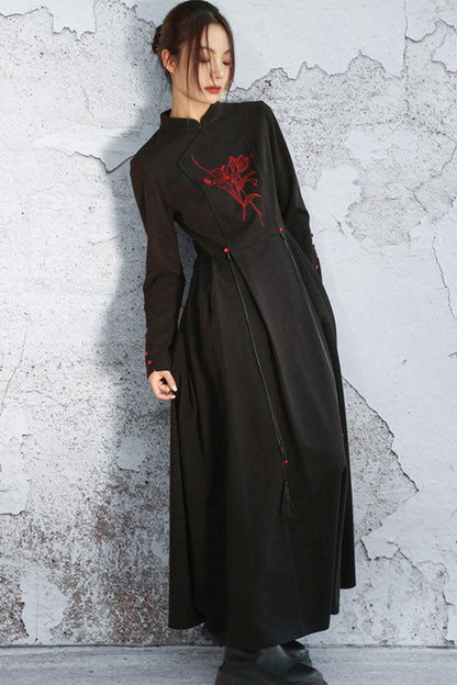 スタンドカラーフレアモードドレス